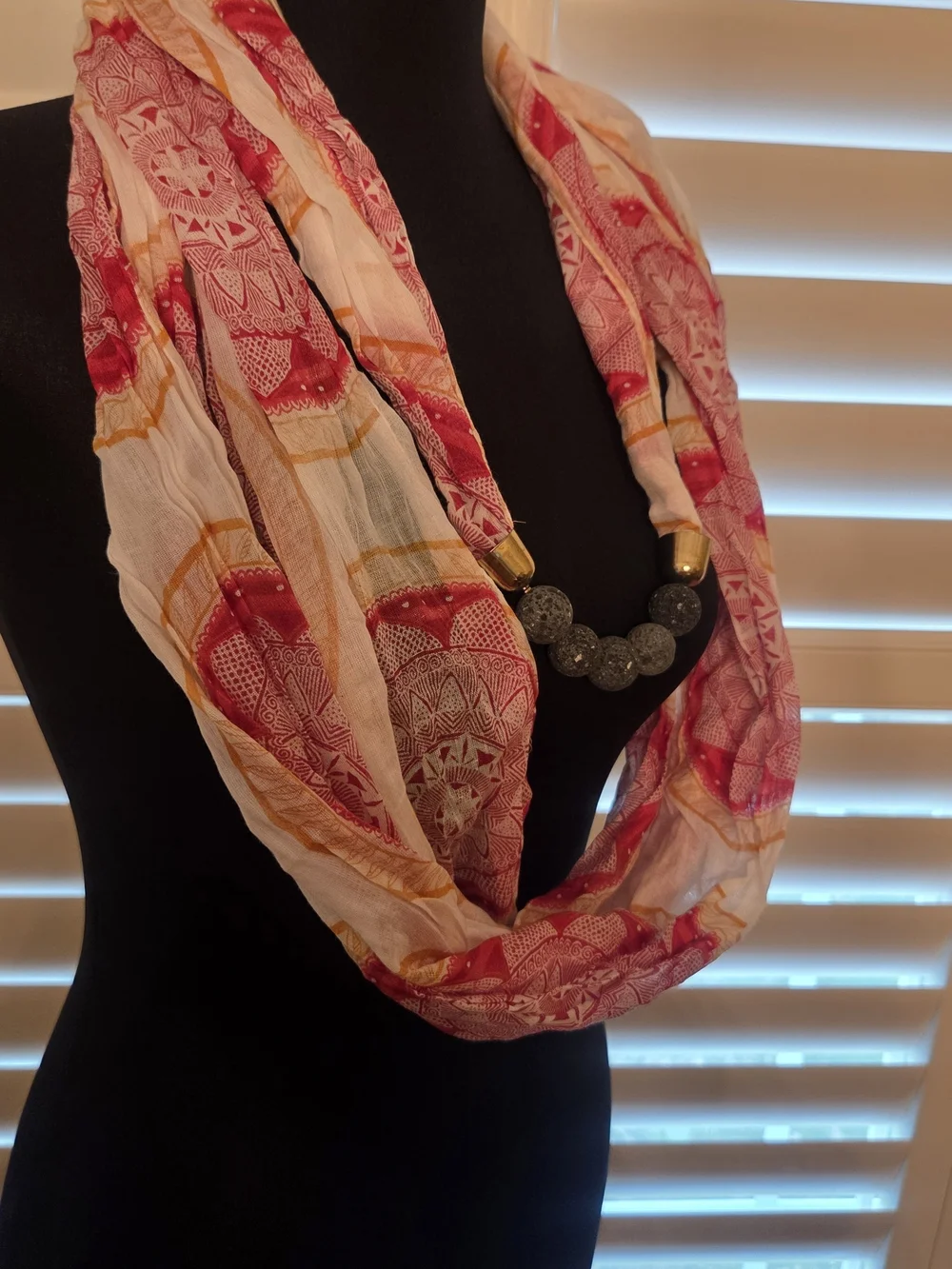 Doterra Red and Cream Infinity Scarf with Beaded Necklace Accent